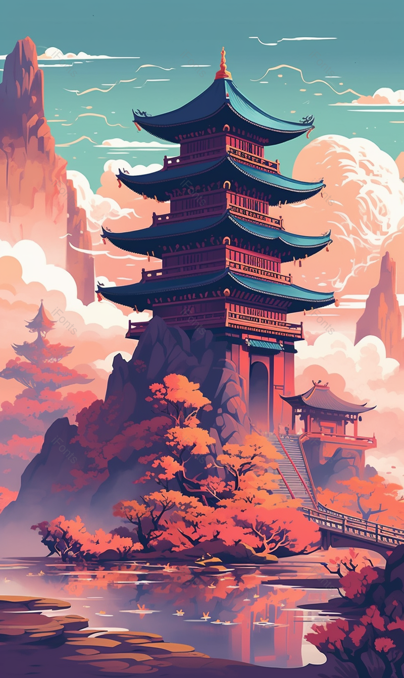 远景楼阁国潮风风景楼阁插画背景,插画/手绘图,插画/手绘图库,插画/手绘图下载,插画/手绘
